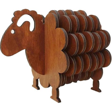 Dessous de verre en bois en forme de mouton, motif puzzle 3D, marron foncé (1/5)
