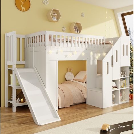 DESVIAE Lit mezzanine enfant 90x200 cm avec toboggan escalier de rangement barre LED bois massif blanc (1/5)