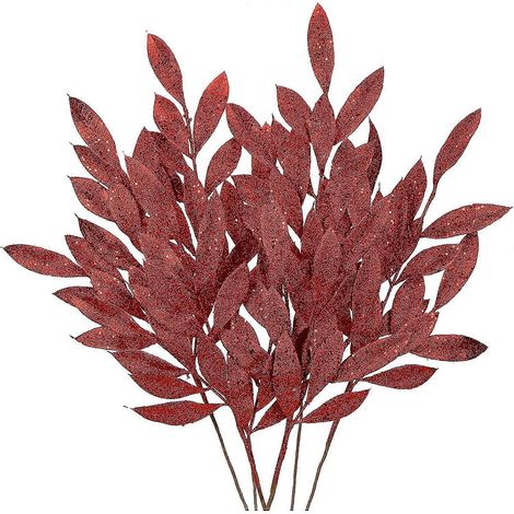 6 hojas navideñas con purpurina, ramilletes de laurel de 60 cm (24"), hojas de laurel artificiales rojas con tallos brillantes. (1/5)