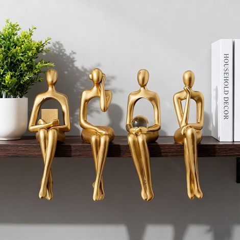 Lot de 4 Statues de penseur pour décoration d'étagère, décoration de bibliothèque, Sculpture Abstraite Moderne, penseur, Statue dorée, adeau de noël pour Maison Bureau étagère (1/5)