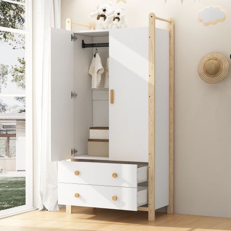 Armoire 2 portes avec penderie et 2 tiroirs, idéale pour une chambre, un salon ou une entrée. Fabriquée en panneaux de particules, structure blanche et cadre en pin. Dimensions : 90 × 45 × 180 cm. (1/5)