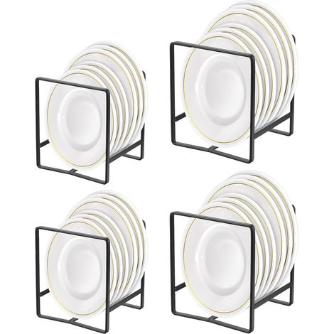 Lot de 4 range-assiettes de cuisine pour placard, égouttoir vertical en métal, gain de place, pour placard et plan de travail, 2 grands et 2 petits, noir.