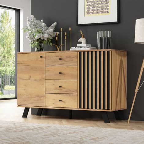 Buffet naturel avec 4 tiroirs, 2 armoires et 5 pieds en bois massif,120x38x75 cm (1/5)