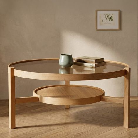 Couchtisch Olzai, ein Fach, gehärtetes Glas, rund, 100x100x48h cm, Eiche Braun (1/4)