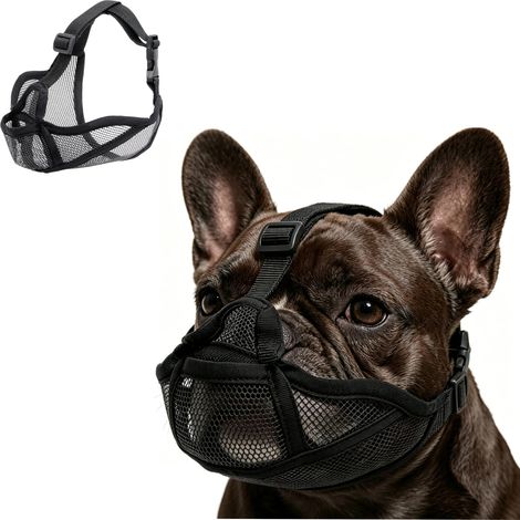 Muzzle Breathable Soft Mesh Muzzle for Short Snout Dogs (Pug, Shih Tzu), Adjustable for Gasping and Drinking, Black (S) (1/5)
