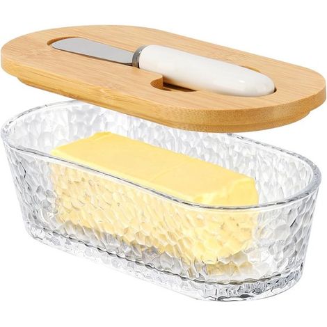 Beurriers avec couvercle - beurriers avec couvercles en bambou - beurriers avec couteaux en acier inoxydable et beurriers en verre allant au lave-vaisselle (1/5)