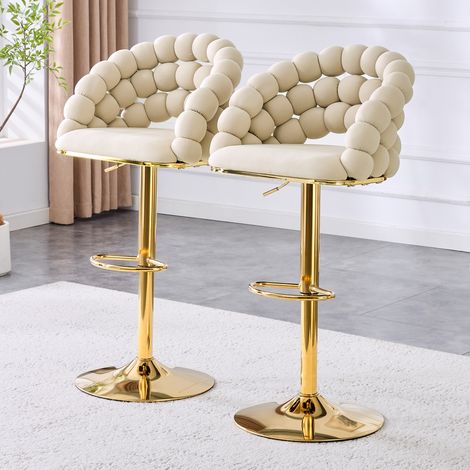 Barhocker 2er-Set aus Samt in Cremeweiß, höhenverstellbar 65–112 cm, goldfarbenes Gestell (1/5)
