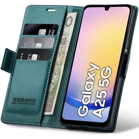 Funda para Samsung Galaxy A25 5G, tipo cartera con tapa, diseño brillante de lichi, color verde. (1/5)