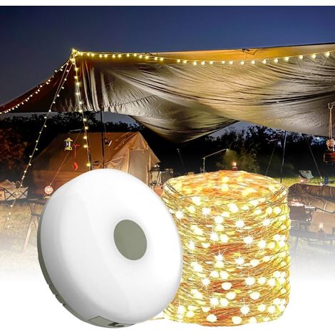 Lampe de Camping Rechargeable USB, Lampe de Tente LED 2-en-1 avec Crochet Magnetique et Lampe de Poche, Guirlande Exterieure 10m, Decoration Jardin, Lumiere Chaude (1/4)