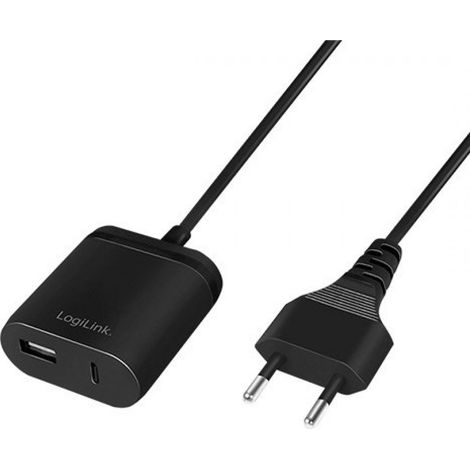 Cargador de pared USB LogiLink de 12 W con 1 cable USB-A + 1 cable USB-C de 1,5 m y carga rápida (negro).