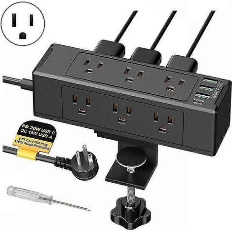 Multiprise à clip compacte avec 9 prises, protection contre les surtensions et 4 ports USB, station de charge de bureau 20 W avec interrupteur, noire. (1/2)