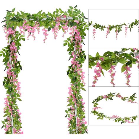 4 couronnes de glycine artificielle en filigrane de 2 mètres chacune, pour décoration florale de jardin et de mariage. (1/5)