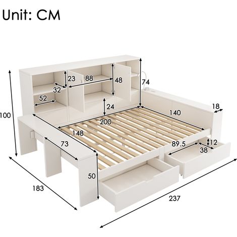 Lit coffre 140x200 cm blanc - tiroirs rangement, portes doubles, ports USB/USB-C, bois, gain de place, lit enfant (sans matelas)