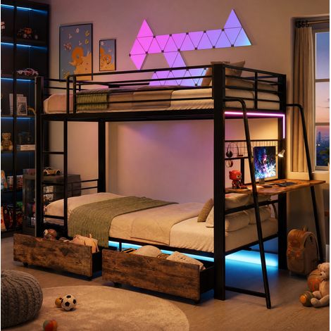 tagenbett 140x200 cm Metallrahmen, Hochbett mit Schreibtisch & 2 Schubladen, Musik-Sync LED-Leiste, Steckdose, Gitter & Leiter, Belastbarkeit 250kg, Schwarz (1/5)
