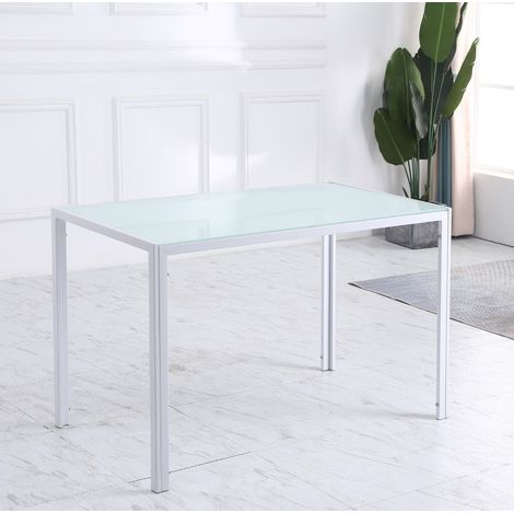 Mesa de comedor 120 x 60 x 75 cm con tablero de vidrio templado, blanco, marco metálico HAVRYA (1/5)