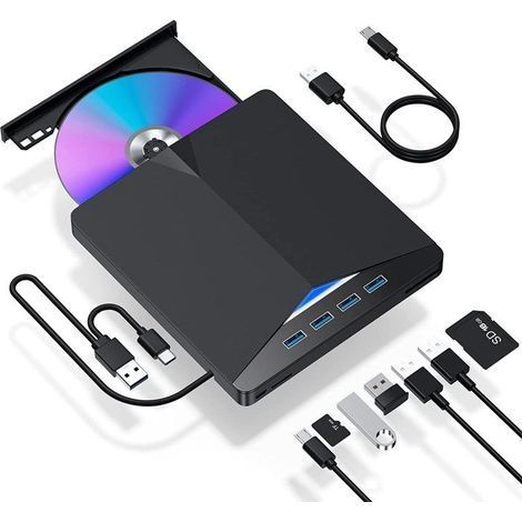 Lecteur dvd externe CD-ROM Externe USB 3.0 et Type-C avec Lecteur de Carte SD/TF et de USB, CD-RW VCD pour Windows 7/8/10/ Vista (1/4)