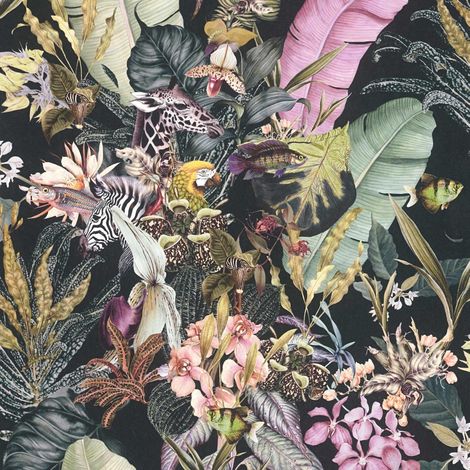 Papier peint nature sur fond noir Tapisserie florale style exotique Papier peint avec animaux style tropical idéal pour couloir (1/4)