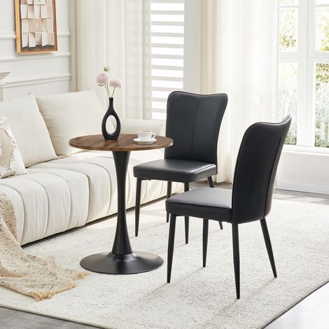 Petite table ronde MDF 60 cm + 2 chaises PU noires. Pied de soutien noir,parfait pour petits espaces de vie style européen. (1/5)