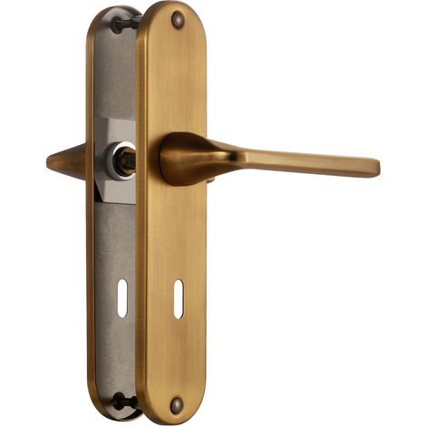 Poignée de porte Laiton antique Garniture de béquille, Acier inoxydable brossé mat,80mm Entraxes poignée de porte pour porte d'entrée et porte intérieure, Béquille de porte,Forme en L (1/5)