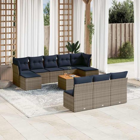 Salon de jardin modulable 11 pièces en rotin PE gris avec coussins bleu marine et rangements - PANGIVO (1/5)