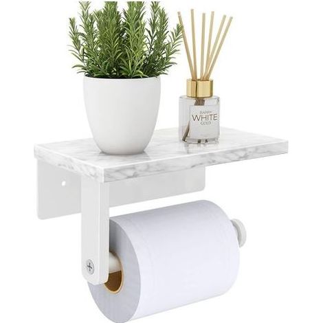 Titolare di carta igienica con ripiano in marmo naturale, viti in acciaio inox 304 per montaggio a parete, dispenser porta rotolo di carta tissue per il bagno e servizi igienici, bianco (1/5)