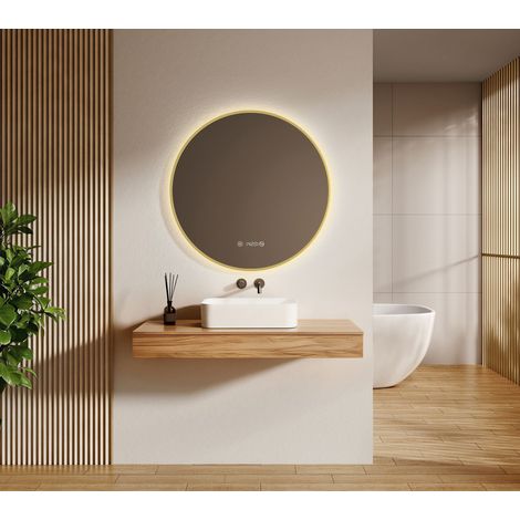 EMKE Badezimmerspiegel 80cm Rund Gold LED Badspiegel mit Antibeschlag Uhr 4300k Touch-Schalter Memory-Funktion