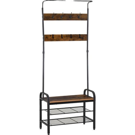 Perchero de metal, 3 estantes y 8 ganchos, color negro o madera, 72 x 34 x 185 cm. (1/5)