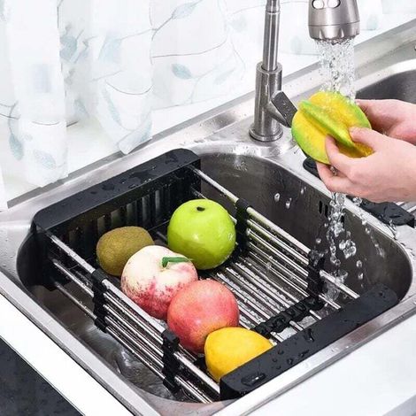 Panier de vidange, égouttoir pour évier, Égouttoir télescopique en acier inoxydable, utilisé pour laver la vaisselle dans lévier de la cuisine(noir) (1/4)