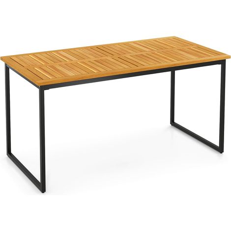 GOPLUS Table Salle Manger Exterieure 140 CM, Grande Table Jardin en Bois Acacia 6 Personnes avec Plateau Lattes, Trou pour Parasol de 5 CM, pour Balcon (Pieds Carré Noir,70x140x73CM6 Personnes) (1/5)