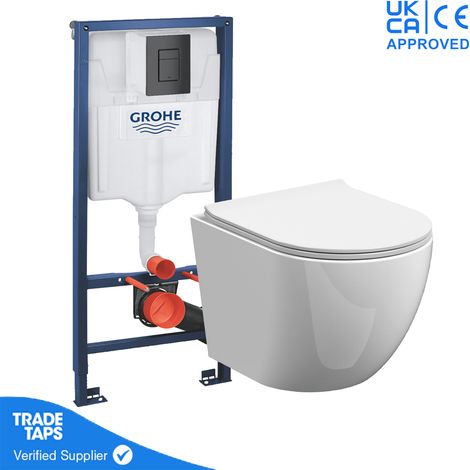 Rimless Wall Hung Toilet Pan with GROHE 1.13m Concealed Cistern Frame - Phantom Black Dual Flush Plate