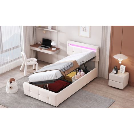 Lit enfant 90x200 cm avec éclairage LED, coffre de rangement hydraulique, tête de lit réglable en hauteur, lit surélevé simple en velours beige (1/5)