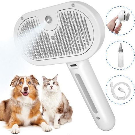 Brosse Vapeur Chat/Chien 3 en 1 – Peigne Massage Spray Rechargeable, Réservoir Eau, Poils Courts/Longs, Massage/Soin Doux (1/5)