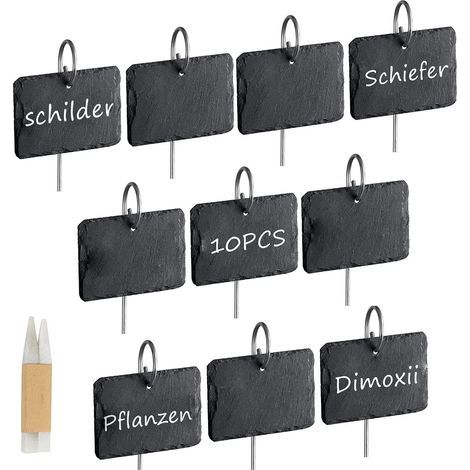 Lot de 10 étiquettes en ardoise réutilisables avec tige en acier inoxydable pour marquer les plantes, les herbes aromatiques et les légumes (rectangulaires) - Étiquettes pour plantes RWE (1/5)