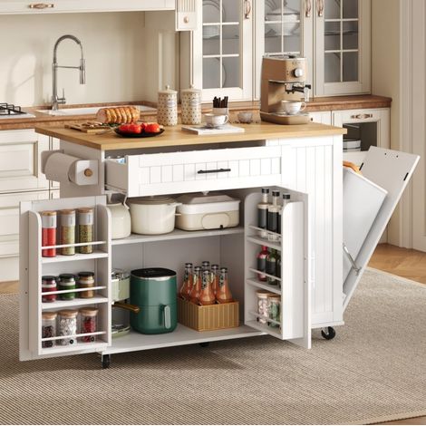 Desserte de cuisine mobile 130x70x93 cm avec plateau rabattable, tiroir, rangement et roulettes freinées, MDF blanc (1/5)