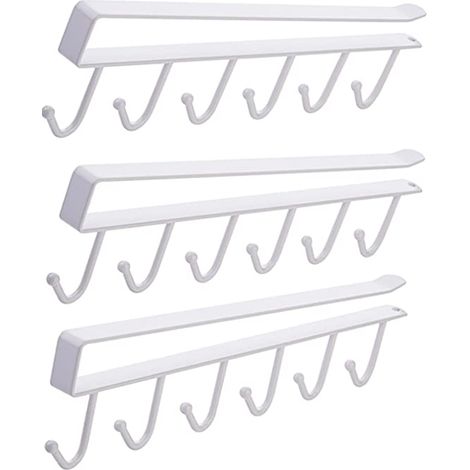 Ce lot de 3 crochets de rangement permet de suspendre tasses, verres à vin, ustensiles de cuisine, ceintures et foulards. Crochets blancs à installer sous les placards, sans perçage.