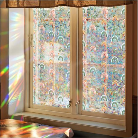 Pellicola decorativa per finestre con effetto arcobaleno, foglie di vite verdi, adesivo elettrostatico rimovibile, decorazione naturale per finestre e porte in vetro (arcobaleno 100 43 cm) (1/3)