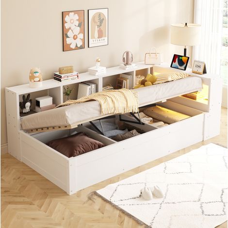 Lit coffre 90x200 cm - Lit simple - Avec tête de lit avec LED et prise intégrée - En MDF - Blanc (1/5)