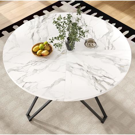 Table à manger ronde 100x100x76 cm noire en MDF effet marbre avec pieds métalliques réglables (1/5)