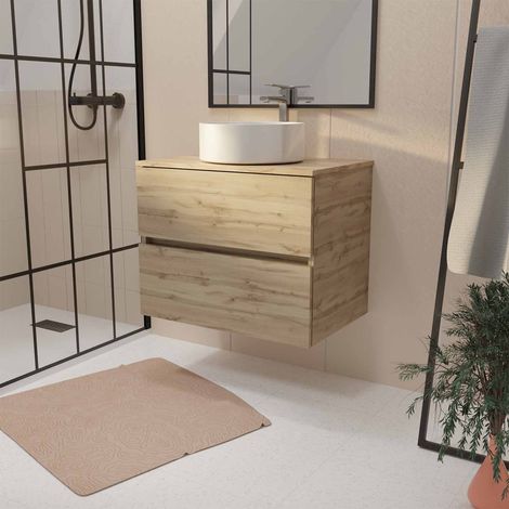 Mueble de baño 70 cm Decorado Roble 2 cajones Lavabo blanco de sobreponer (1/4)