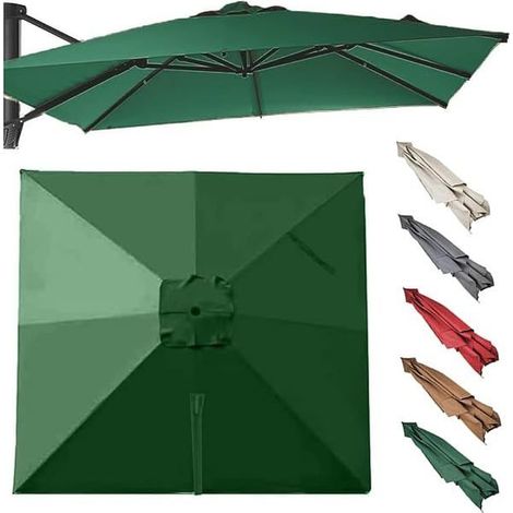 Toile rechange parasol déporté rectangulaire 3x3m, 8 baleines, auvent remplacement extérieur, couleur verte (1/5)