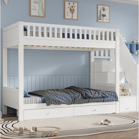 Letto a castello 90x200 cm bianco con scala contenitore e 2 cassetti, pratico e salvaspazio (1/5)