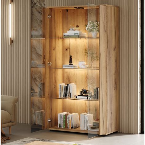 Vitrina (80x36x150.5 cm), con 2 puertas de cristal, 4 baldas, iluminación LED ajustable, vidrio y tablero de partículas, natural (1/5)