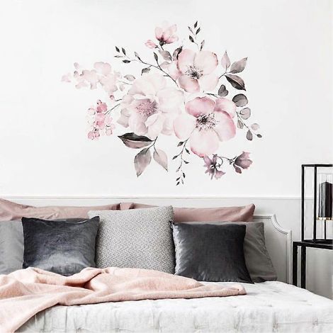 Sticker mural amovible en vinyle à fleurs roses, décoration murale pour chambre et intérieur (1/4)
