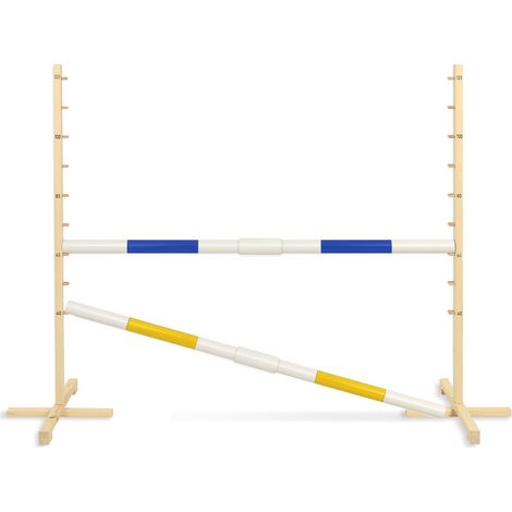 Obstáculo de salto para caballito de juguete de 160 cm, altura 120 cm, dos vigas - azul y amarillo (1/5)
