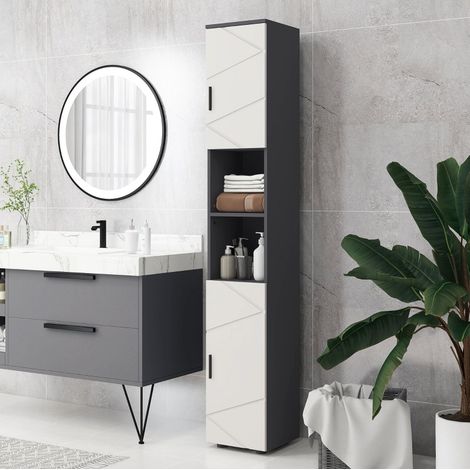 Mobile bagno colonna 30x30x183 cm grigio scuro in legno con ripiani regolabili e 2 vani aperti (1/5)