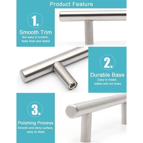 T-Griff, 10er-Packung, gebürsteter Edelstahl, Türgriffe für Küchenschränke, Zuggriff, 128 mm Lochabstand, Silber (1/4)