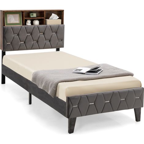 Single Size Bed Frame Upholstered Platform Bed Slat Support W/ Storage Headboard (1/5)