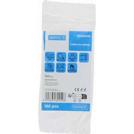 Lot de 100 colliers de câble 2.5 x 100mm Blanc - SIANCE