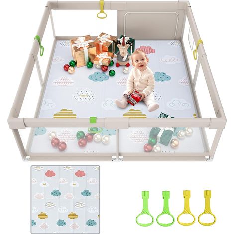 Parc bebe 150 x 150 cm avec tapis, grand parc pour bebe XXL avec fermeture éclair, 4 anneaux de traction, aire de jeu sécurisée pour bébé et tout-petit, intérieur et extérieur (1/5)
