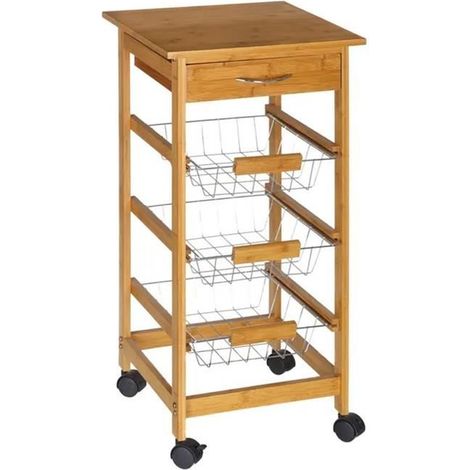 Chariot de cuisine desserte de service avec 1 tiroir couleur naturel - Longueur 37 x Profondeur 37 x Hauteur 77 cm (1/4)